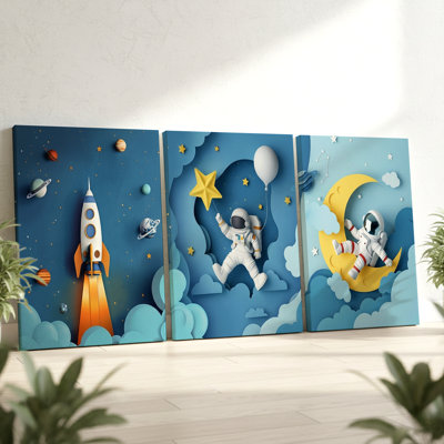3 Pieces Astronaut and Rocket Space Adventure Large Wall Art for Kids' Room Decor, Three Pieces Wall Art for Living Room, Bedroom, and Office Decor