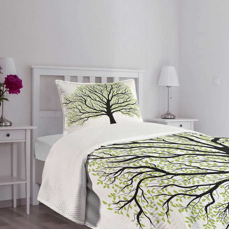 White Twin Quilted Bedspread Set with Tree Design