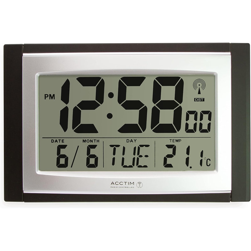 Acctim Stratus Digital Wall / Desk Clock Radio Controlled Tabletop LCD Display Date & Thermometer Black