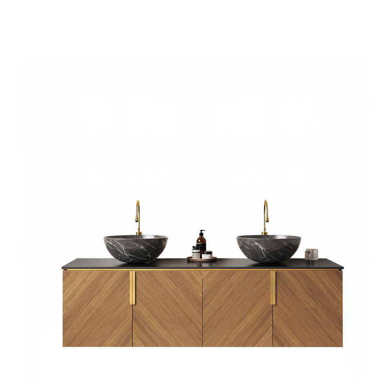 Meuble-lavabo mural moderne de 60 pouces avec comptoir en pierre frittée noire, 2 lavabos en céramique et 4 portes pour un grand rangement