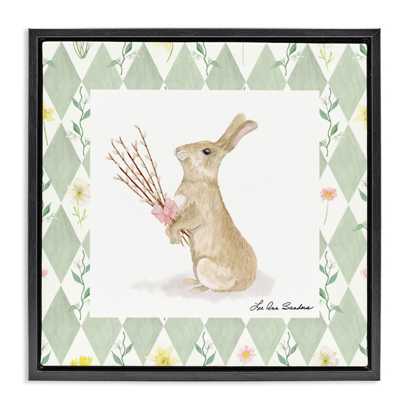 Bouquet de lapin sur cadre flottant vert argyle, design par Lee Ann Sanders, H 18 po x l 18 po, Cadre flottant noir de jais