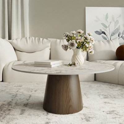 Table basse ronde en pierre et table basse en bois