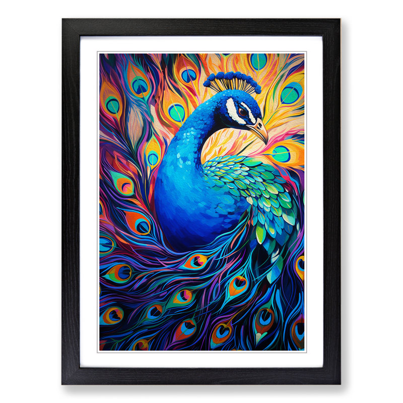 Peacock Expressionism - Single Picture Frame Print on Wood, Black Framed, 64cm H x 46cm W x 2cm D