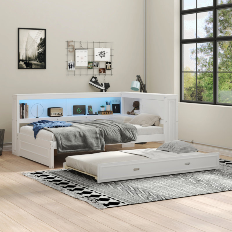 Full Size Wood Svein With Storage Shelves, USB, LED, And Trundle, White