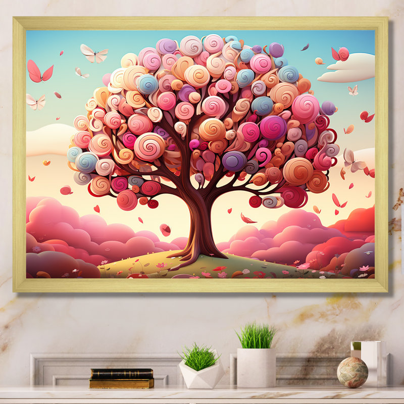 Popart, arbre magique rose et bleu - arbre, art mural, Cadre d'angle fermé doré, H 30 po x l 40 po x P 1,5 po
