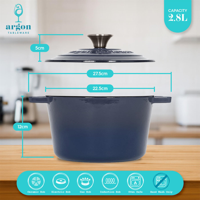 Argon Tableware - Round Cast Iron Casserole Dishes - 2.8L - Pack of 2, Blue