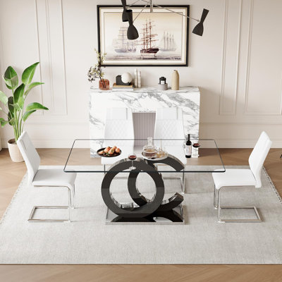 Ensemble de table de salle à manger 63 po en verre, ensemble de table et chaises de cuisine moderne avec plateau en verre trempé, base en panneau de fibres à densité moyenne et plateau en acier inoxydable