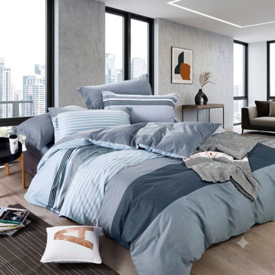 William Black/Grey Striped Oversized Natural Cotton 7PCS Comforter Set King