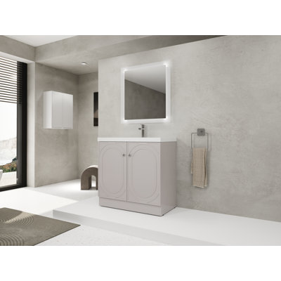 Meuble-lavabo autoportant 36 po avec lavabo en résine blanche et 2 portes d'armoire à fermeture en douceur (emballage KD) - L 35,4 po x l 19,7 po x H 35,4 po - Contreplaqué - 2 pièces - Kaki - Design moderne