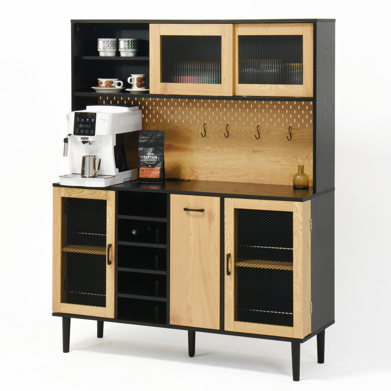 Large Kitchen Pantry Cabinet With Wine Rack - Black&natural 59.1"h 59" H Coffee Bar Countertop For Home