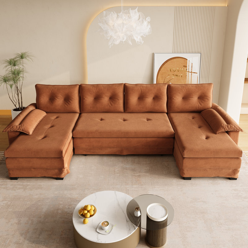 Canapé modulaire réversible en chenille 3 pièces avec accoudoirs amovibles et ports USB, Chenille orange
