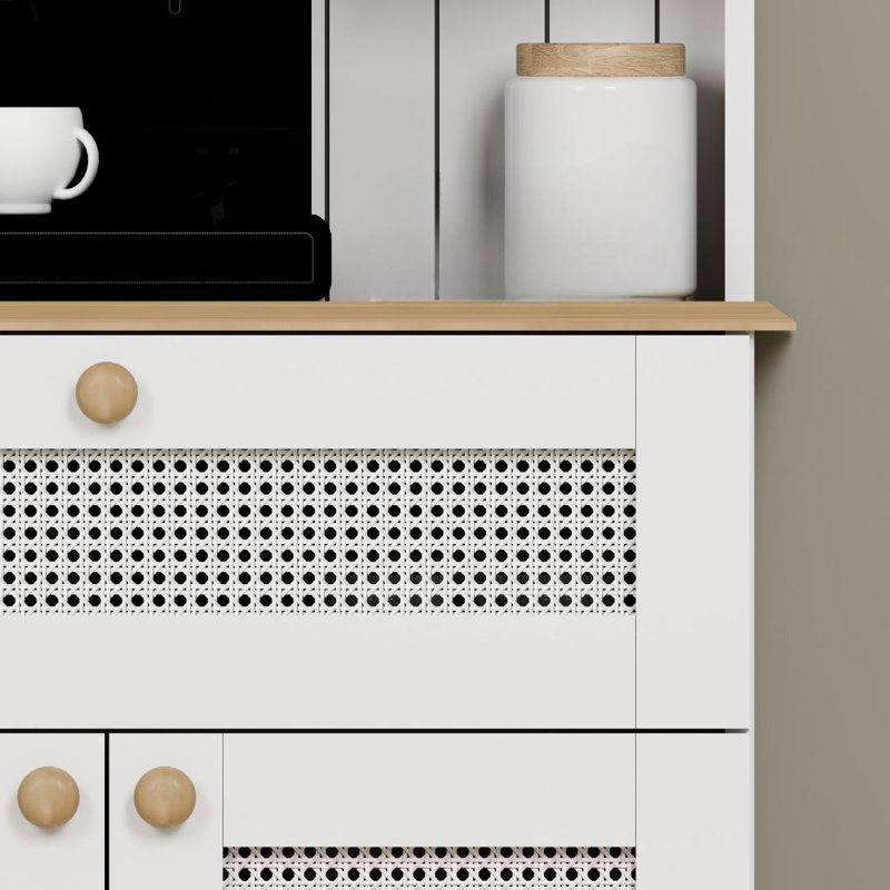 Support à café moderne blanc avec nombreuses tablettes, 31,5 po x 70,9 po x 16,5 po | 100% panneau de particules enduit de mélamine, épaisseur: 0,7 pouce | Design scandinave à fixation murale pour une décoration intérieure élégante