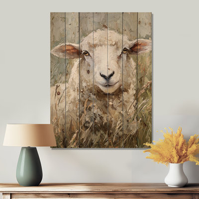 Flock At Rest Sheep Portrait In The Grass I - Sheep Wood Wall Art - On Natural Pine Wood
