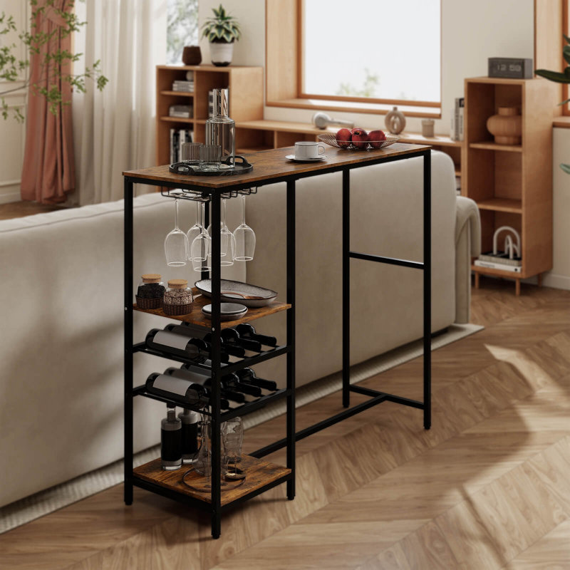 48" Long Bar Table with Storage Shelves Wine Racks & Stemware Holders for Kitchen