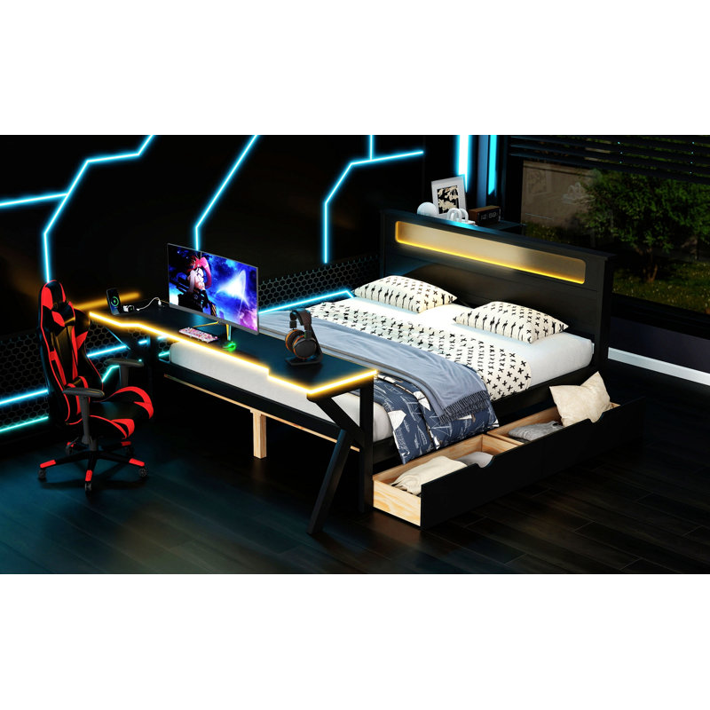 Lit plateforme en bois avec tête de lit à DEL, bureau à DEL, USB et deux tiroirs de rangement, Lit double
