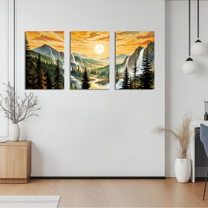 Ensemble de 3 tableaux sur toile représentant un coucher de soleil sur un paysage de montagne, 2436