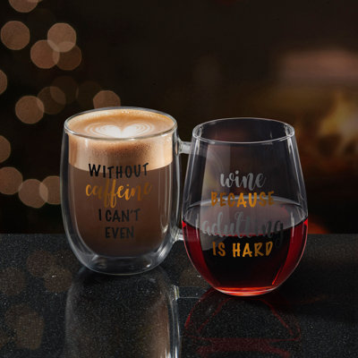 Mikasa Novelty Double-Wall Coffee Mug & Stemless Wine Glass Set