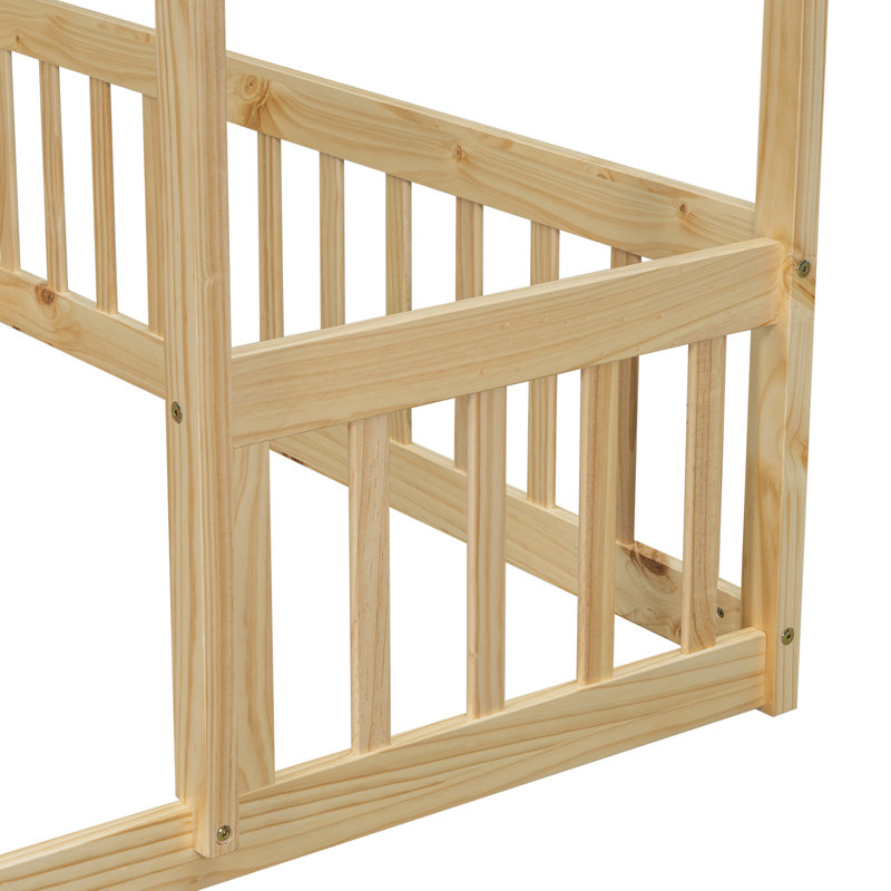 WoodNest House-Shaped Floor Bed with Guardrails, Natural, Twin
