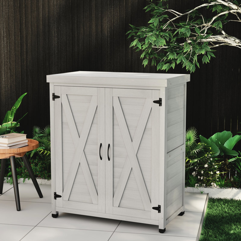 Banc de rempotage d'extérieur - Revêtement à base d'eau et armoire de rangement spacieuse en bois à finition grise