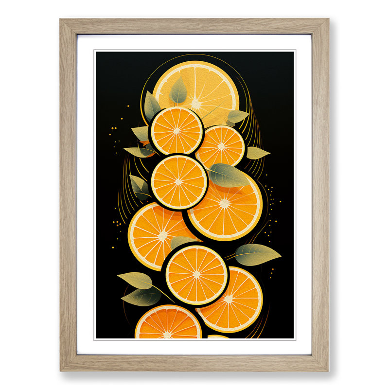 Sliced Orange Art Deco - Single Picture Frame Print on Wood, Oak Framed, 46cm H x 34cm W x 2cm D