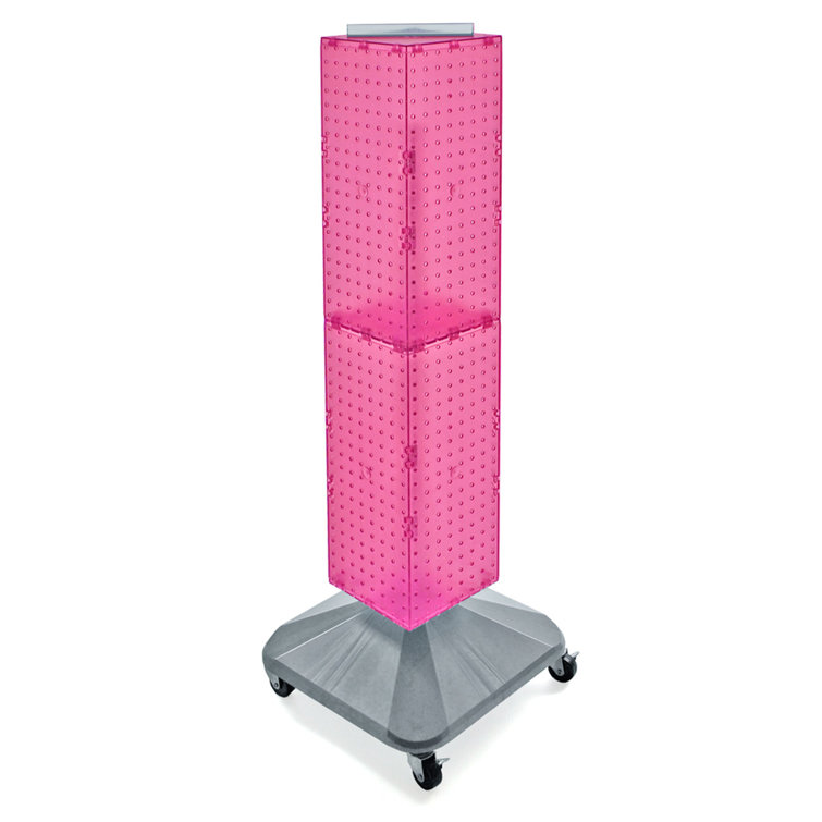 Four-Sided Pegboard Floor Display on Revolving Wheeled Base. Spinner Rack Tower.