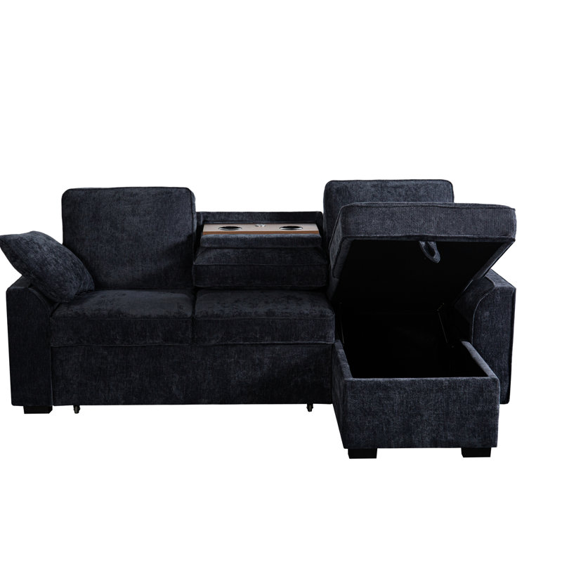Canapé modulaire avec plateau amovible et porte-gobelets, méridienne convertible avec rangement modulaire, support en chenille 3 places bleu foncé intégré, rangement dissimulé, idéal pour les pizzas