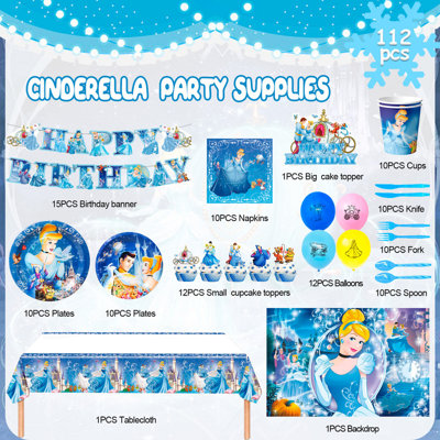 Articles de fête d'anniversaire princesse, 112 pièces décorations de fête princesse bleue