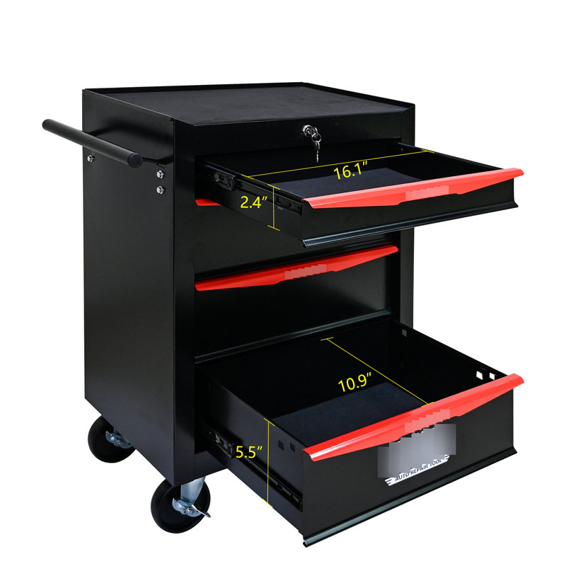 Boîte à outils roulante en métal avec 4 tiroirs - armoire de 20 po, noir et rouge, armoire en acier avec protection verrouillable, roulettes, option pour plus d'outils