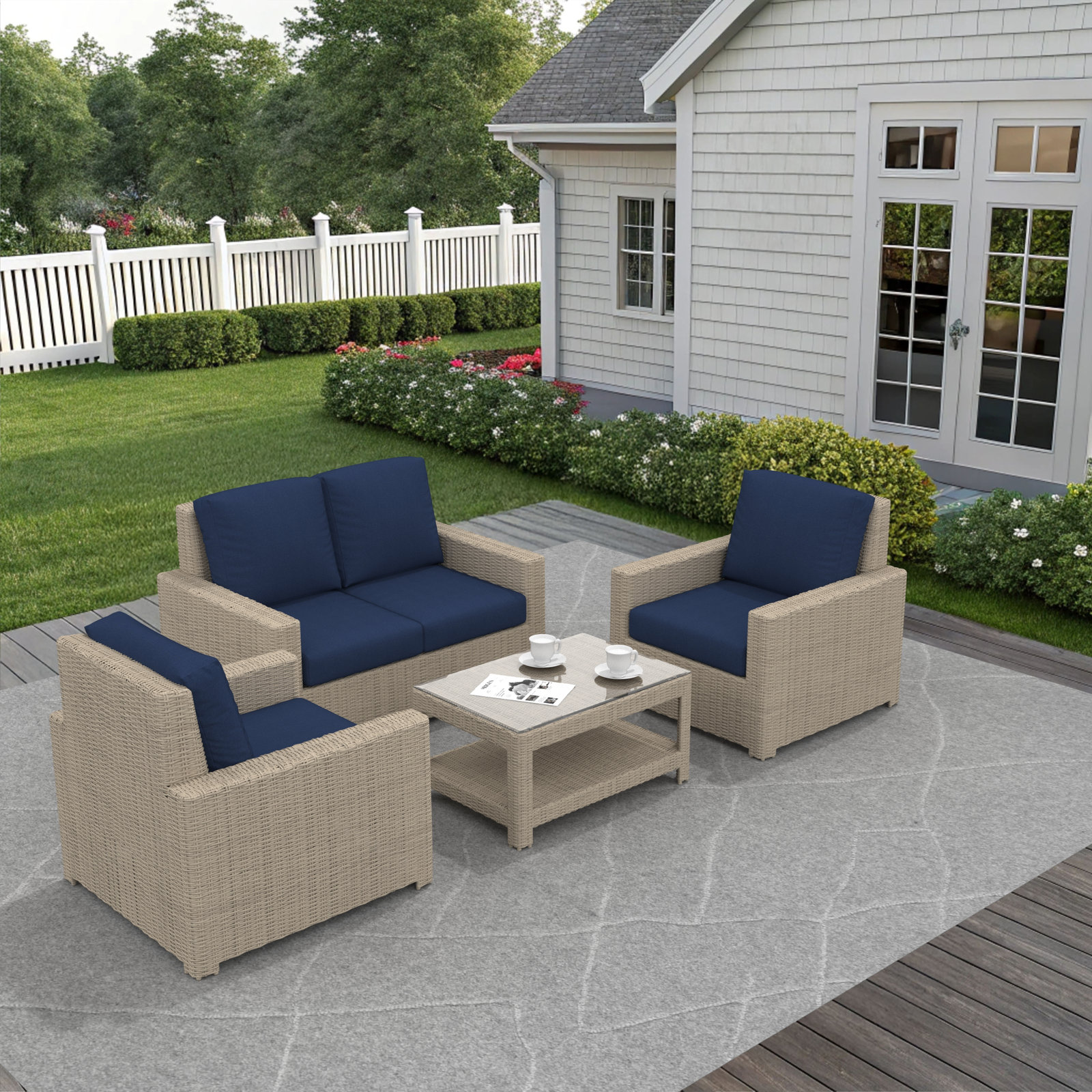 Outdoor Patio Loveseat Conversation Set With Sunbrella Cushions, Canvas Navy