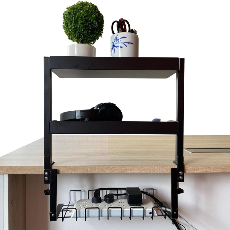 Tablette à pince avec rallonge de bureau avec plateau de gestion des câbles, range-fil réglable sous le bureau et tablette de rangement pour le bureau et la maison