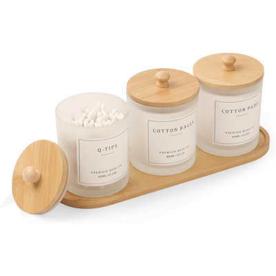 Frosted Glass Bathroom Apothecary Jar Set with Bamboo Lids, 3-Piece Qtip Holder with Non-Slip Tray and Waterproof Labels for Vanity Countertop Storage