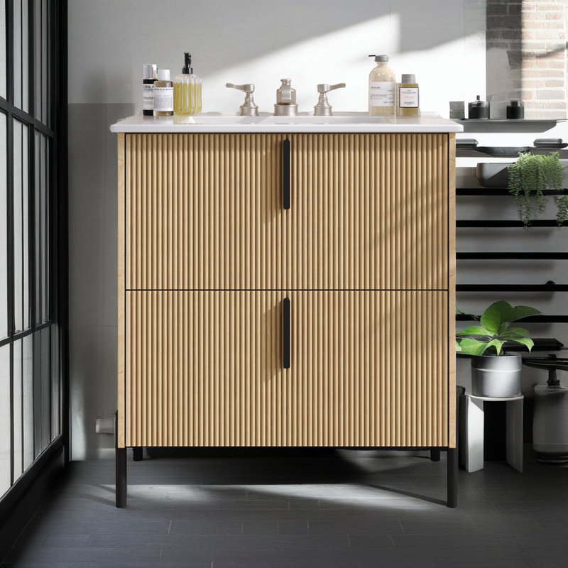 Meuble-lavabo avec lavabo en céramique Hurlburt, Brun