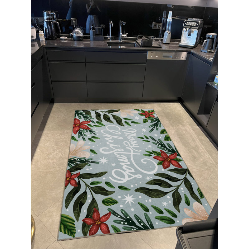 Tapis bleu clair clair «Merry Christmas» à motif de flocons de neige et de fleurs, Rectangle 4 pi 7,12 po x 6 pi 6,74 po