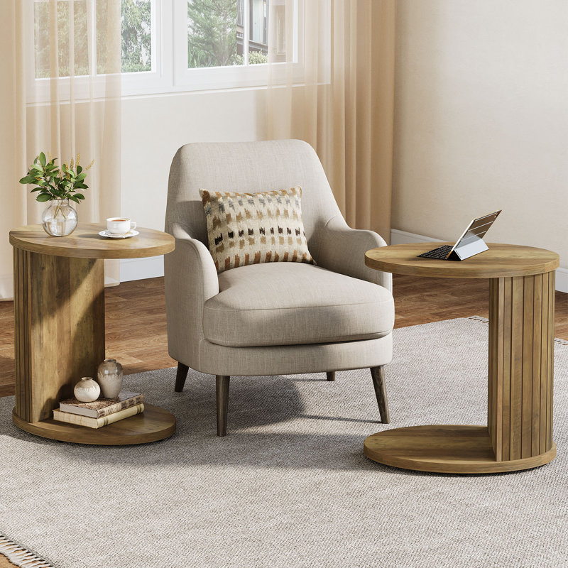 Table de bout en C, table d'appoint avec tablette de rangement en forme de C