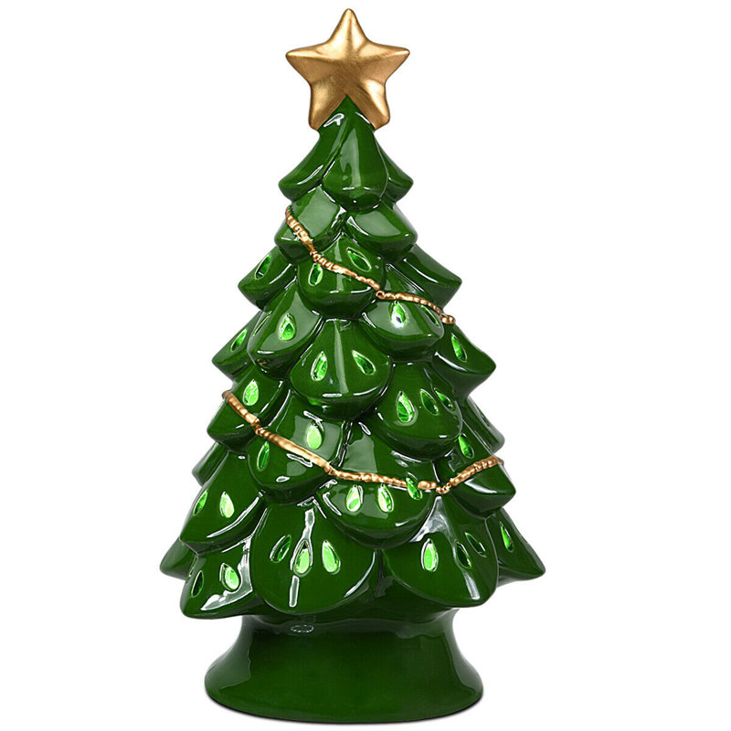 Arbre de noël en céramique pré-éclairée, Vert, H 11,5 po x l 6,5 po x P 4,5 po