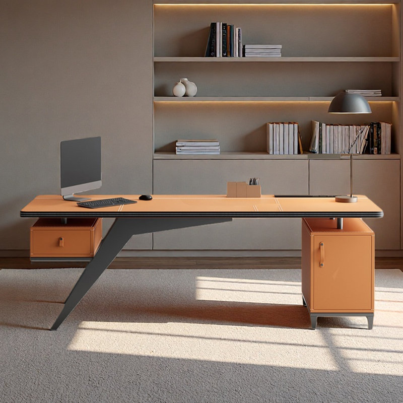 Saddle leather desk,simple study/computer office, Orange/Black, 29.53" H x 78.74" W x 27.56" D