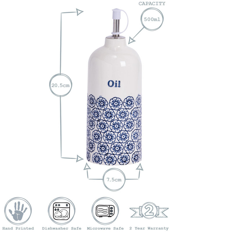 Nicola Spring Hand-Printed Olive Oil Pourer Bottles - 500ml - Navy - Pack of 2