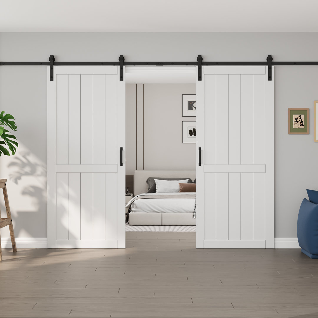 Double Sliding Primed Paneled Barn Door with Installation Hardware Kit(Door Lock Included) HOZONE Door