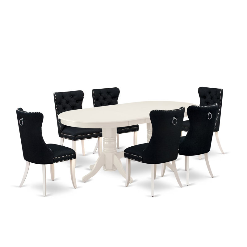 Ensemble de table de cuisine 7 pièces contenant une table de salle à manger ovale avec rallonge amovible et 6 chaises rembourrées, lin blanc