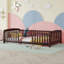 Lit simple au sol avec entrée centrale et garde-corps, structure en bois de pin pour enfants Montessori gris-129891711-129891713