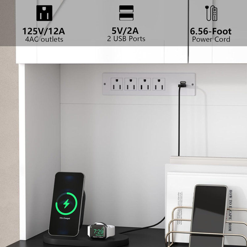 71 ‘’ Kitchen Pantry With Power Outlet, Black, White