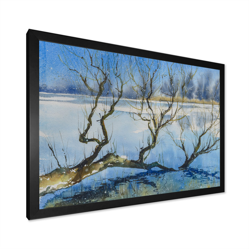Arbre dans un lac d'hiver - reproduction d'art sur toile, H 8 po x l 12 po x P 1 po, Cadre noir