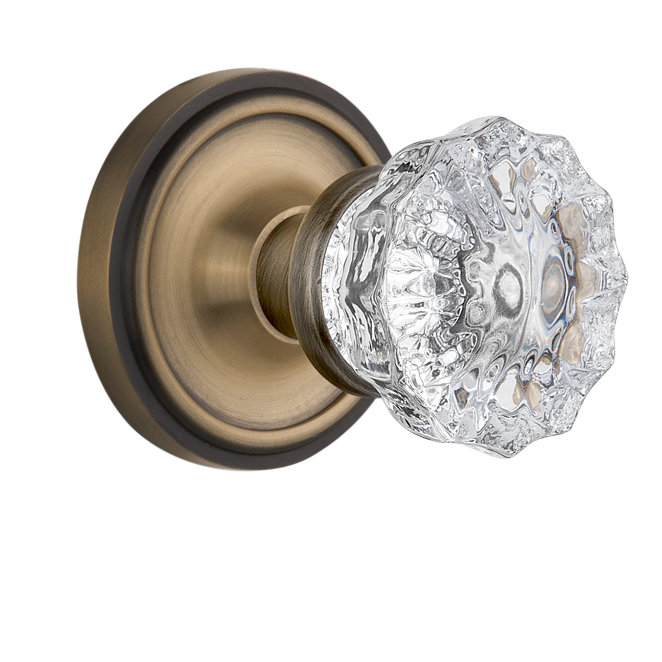 Classic Rosette with Crystal Door Knob, Antique Brass