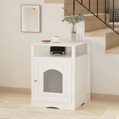 Cat Litter Box Enclosure Furniture, Indoor Wooden Cat House with Enclosed Cabinet, Hidden Litter Box Furniture with Storage Shelf, Modern Cat Condo Side Table for Living Room or Bedroom – White