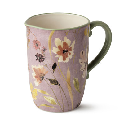 Wildflowers Ceramic Pitcher, floral watercolor farmhouse pitcher with botanical artwork and curved handle, ideal for iced tea, lemonade, water service, flower bouquets
