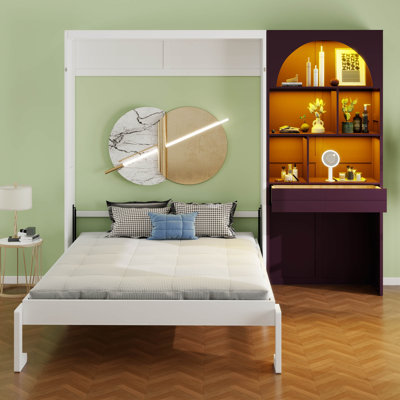 Murphy Bed with Arched Cabinet, Built-in LED, Foldable Wall Bed Frame with a Drawer