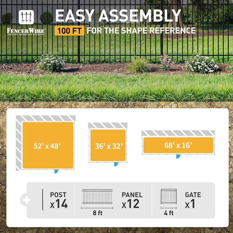 Black Heavy-Duty Flat Top Metal Fence Panels, 4 ft. H x 8 ft. W