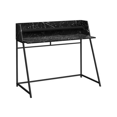 Bureau d'ordinateur contemporain au design marbré noir, l 48 po, base en métal avec tablettes de rangement pour les pieds et les tablettes