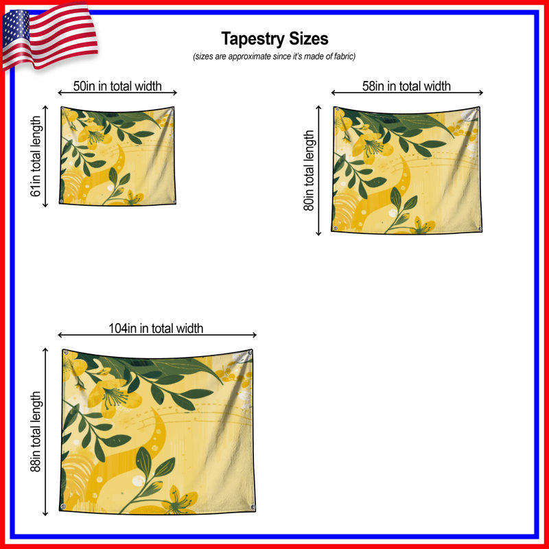 Tapisserie murale jaune à motif floral - décoration murale fleurs, H 104 po x 88 avec 4 œillets