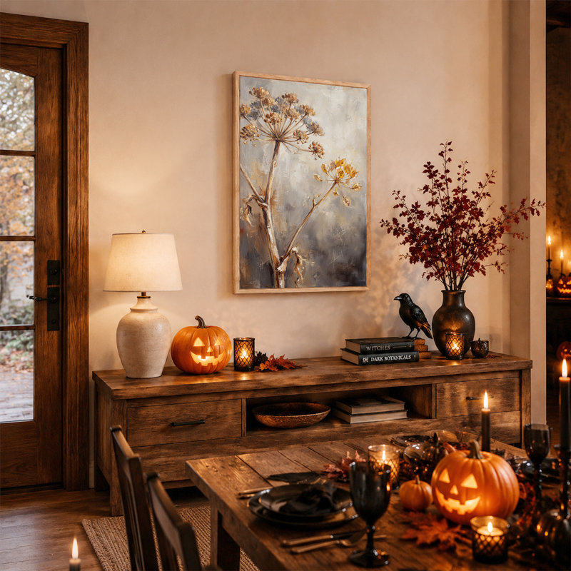 Tiges botaniques séchées sur fond gris texturé - Décoration murale sur toile pour l'Halloween, 24"H x 18"W